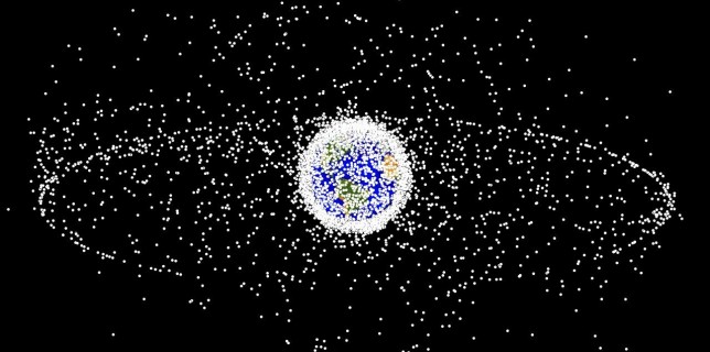 Space debris populations seen from outside geosynchronous orbit.