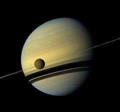 Natural color view of Titan and Saturn from Cassini spacecraft (NASA)