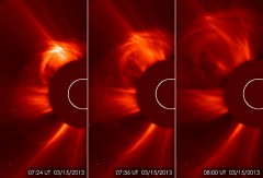 The ESA and NASA Solar Heliospheric Observatory (SOHO) captured these images of the sun spitting out a coronal mass ejection (CME) on March 15, 2013, from 3:24 to 4:00 a.m. EDT. This type of image is known as a coronagraph, since a disk is placed over the sun to better see the dimmer atmosphere around it, called the corona. (NASA/ESA)